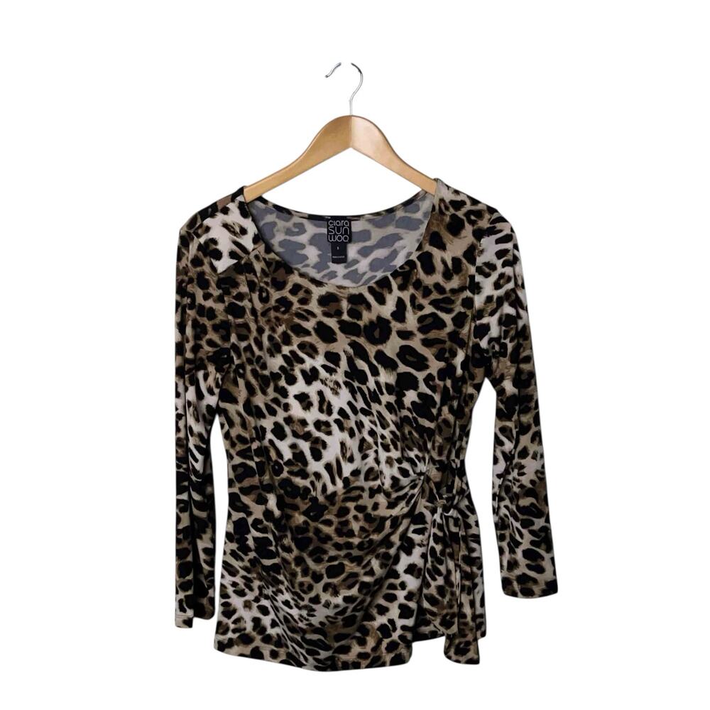 Clara Sun Woo Animal Print Blouse Top Womens Small Brown Gathered Stretch Artsy